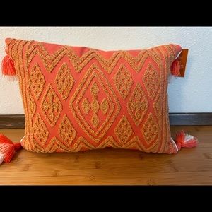Pier 1 outdoor pillow NWT Embroidery coral pink
